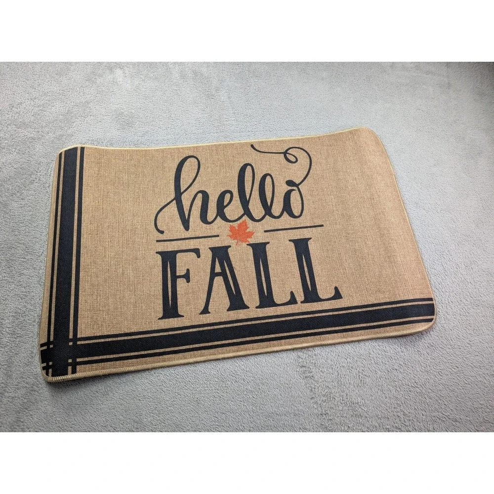 Hello Fall Flax Decorative Floor Mat Brown Black Farmhouse Autumn Doormat 18x30